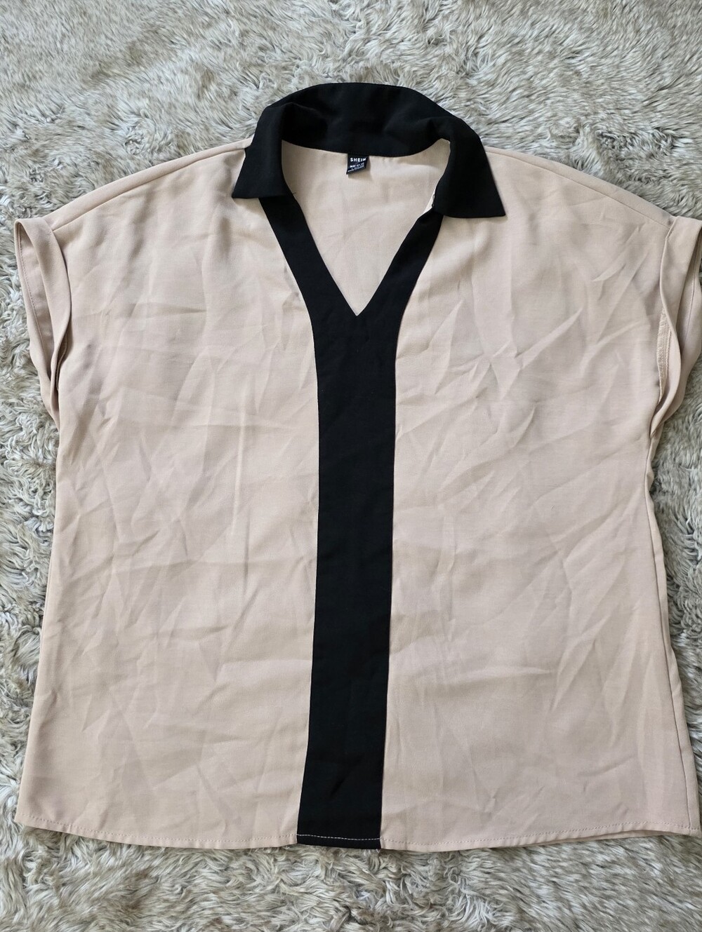 SHEIN Cap Sleeve Collared Polyester Blouse Black And Beige Women's Size Large
